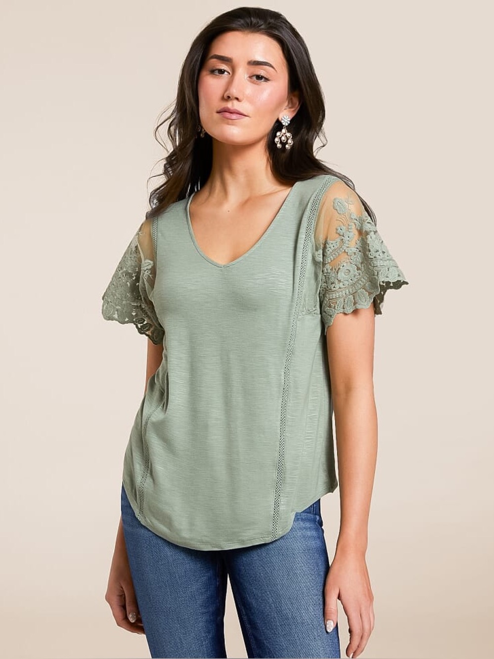 Daytrip Sea Grass Boho Lace Sleeve V-Neck Top XXL